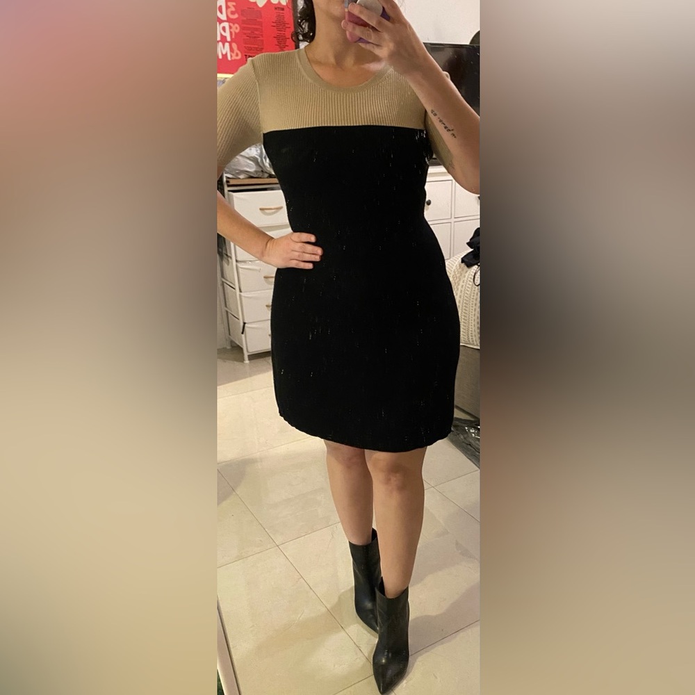 Theory Black and Tan Ribbed Sweater Dress - Picture 5 of 7